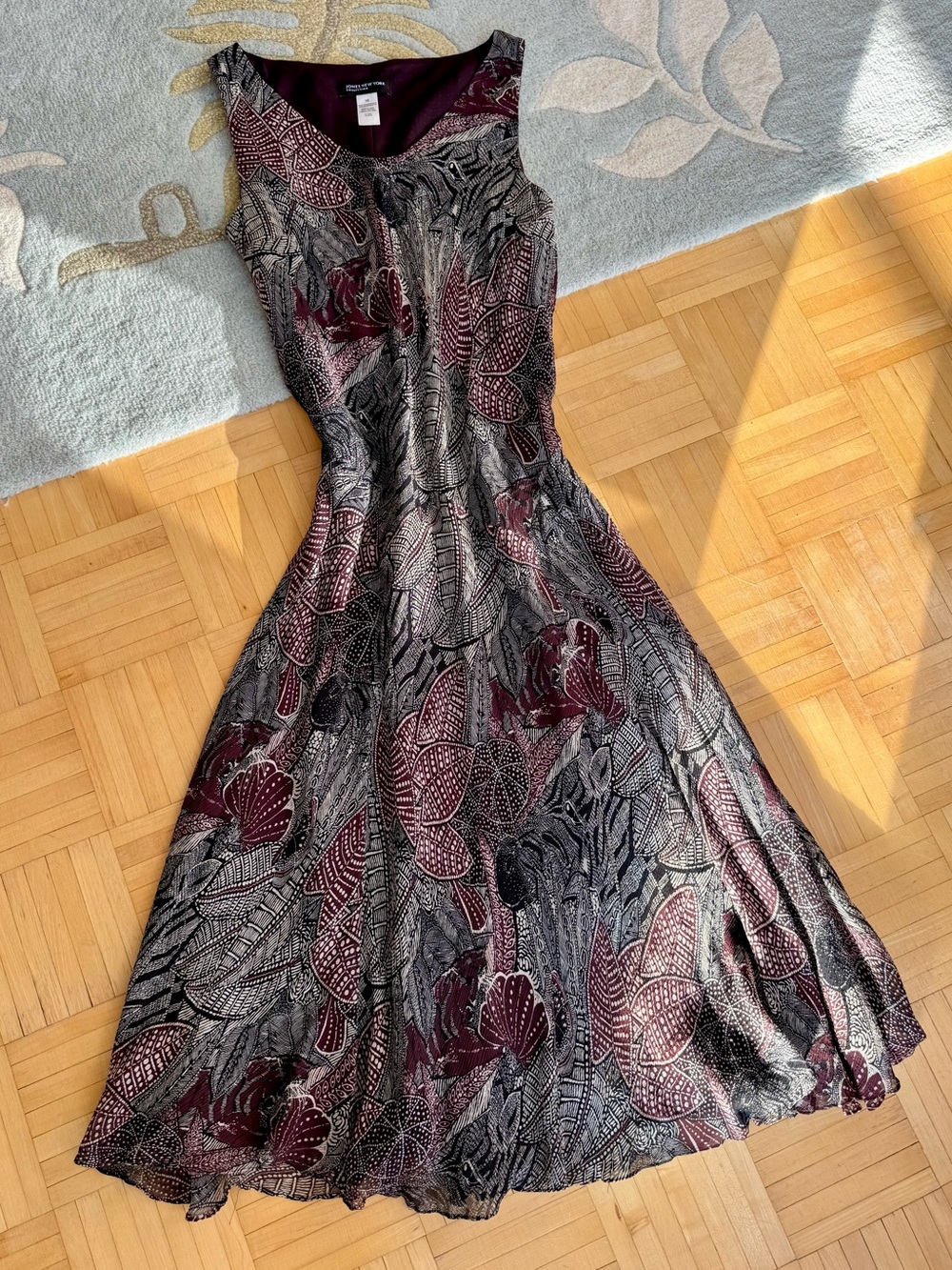 Jones New York Collection 100% Silk Burgundy Floral Maxi Dress 16